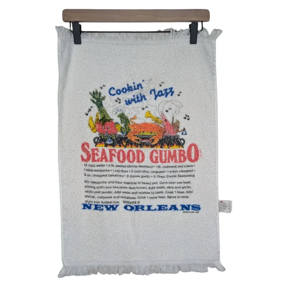 Vintage New Orleans Seafood Gumbo Recipe Kitchen Hand‎ Dish Towel Cooking 1989